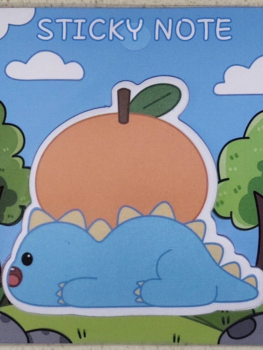Blue Baby Dinosaur with orange sticky note memo pad set
